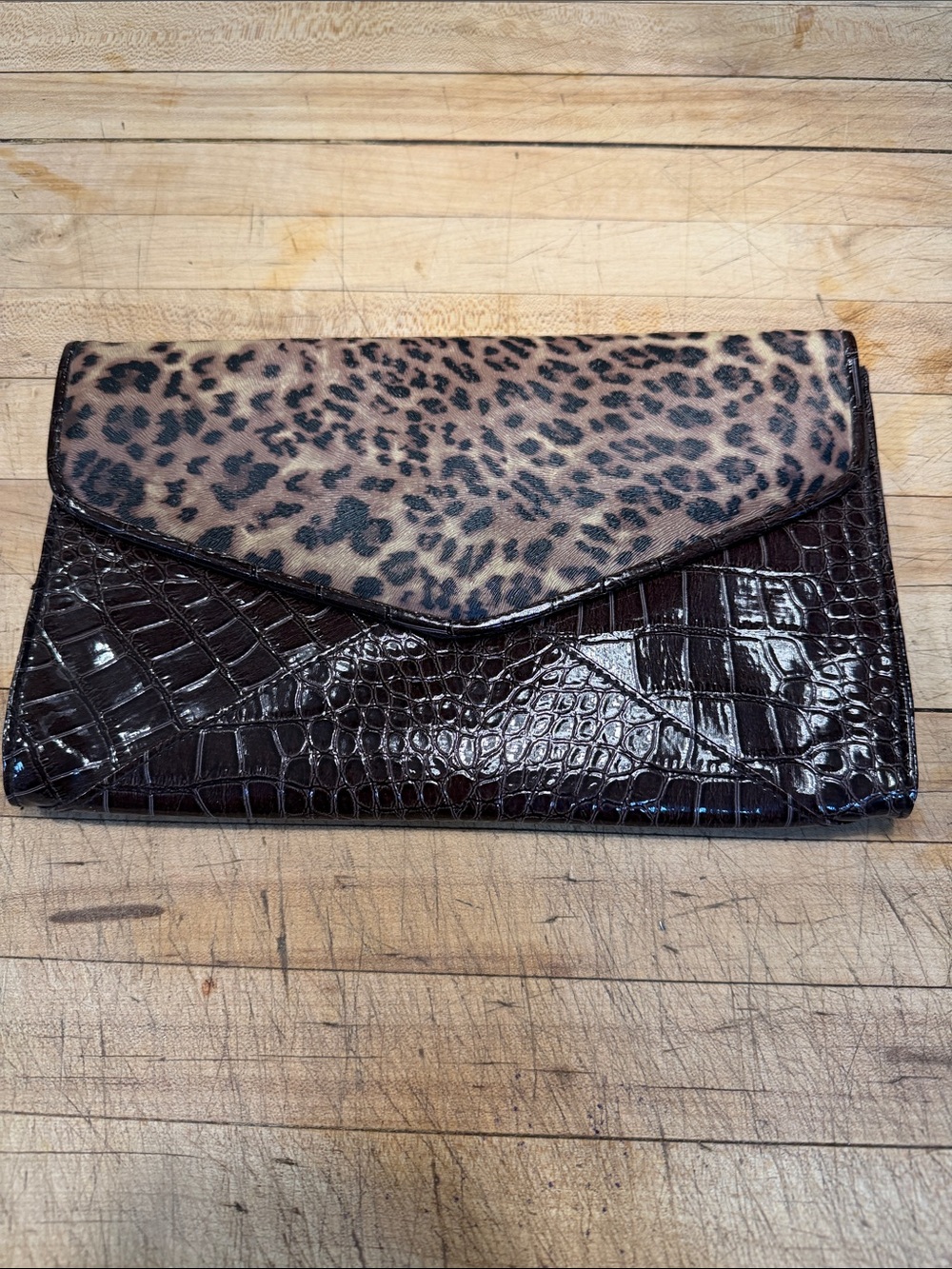 Faux Leopard Print and Croc-Embossed Envelope Clutch